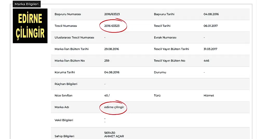 edirne çilingir ifadesinin marka tescili ispatı
